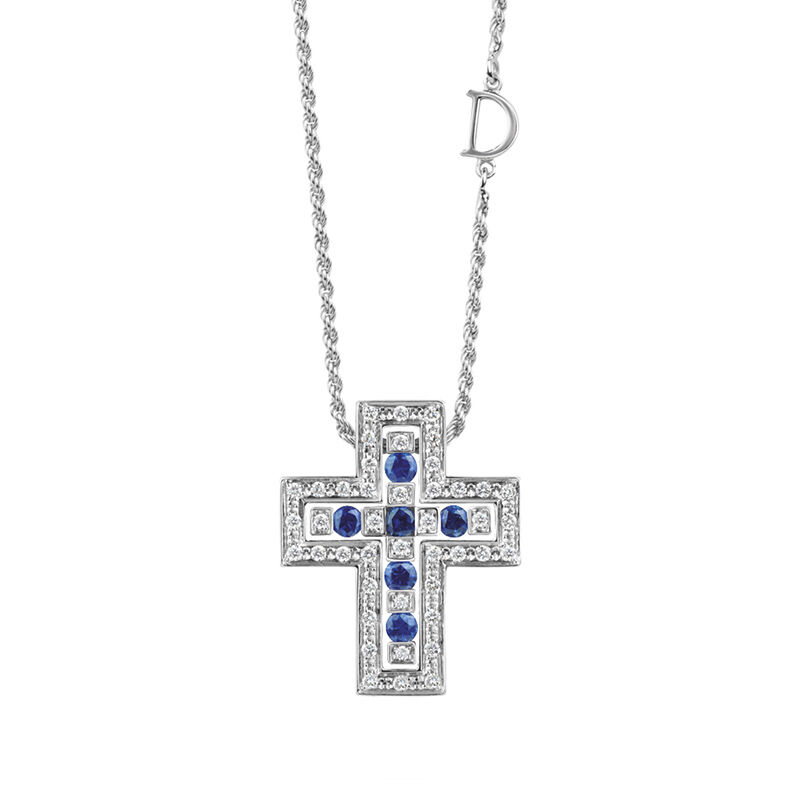 Belle Époque White Gold, Blue Sapphire and Diamond Pavé Cross 